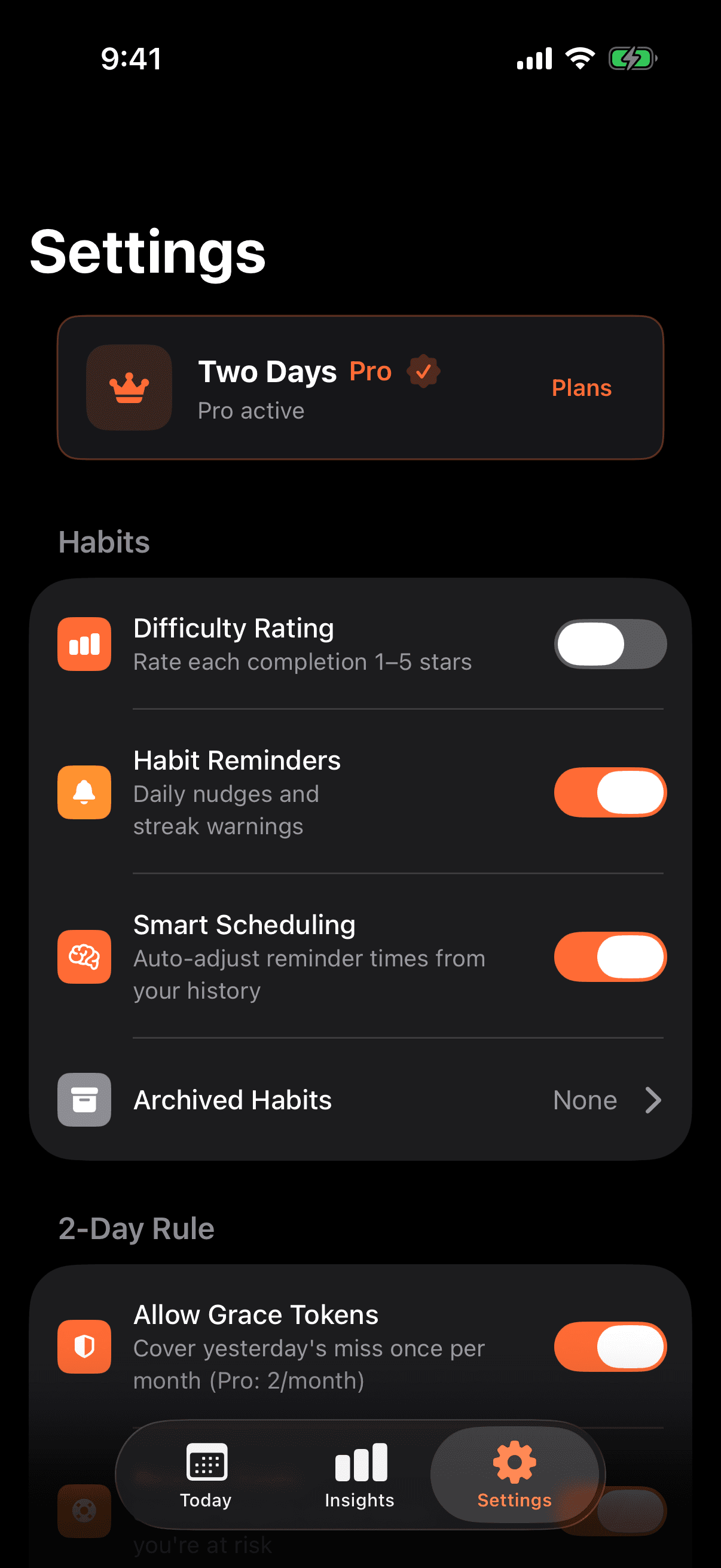 Two Days settings on iPhone including Pro and data controls